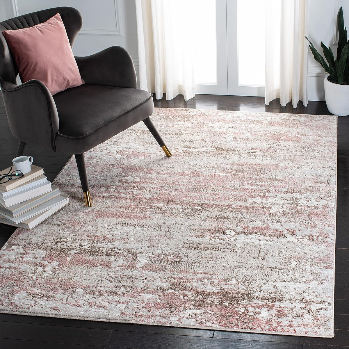 Meadow Collection Area Rug - 5'3" x 7'6", Beige & Pink, Modern Abstract Design, Non-Shedding & Easy Care, Ideal for High Traffic Areas in Living Room, Bedroom (MDW585B)