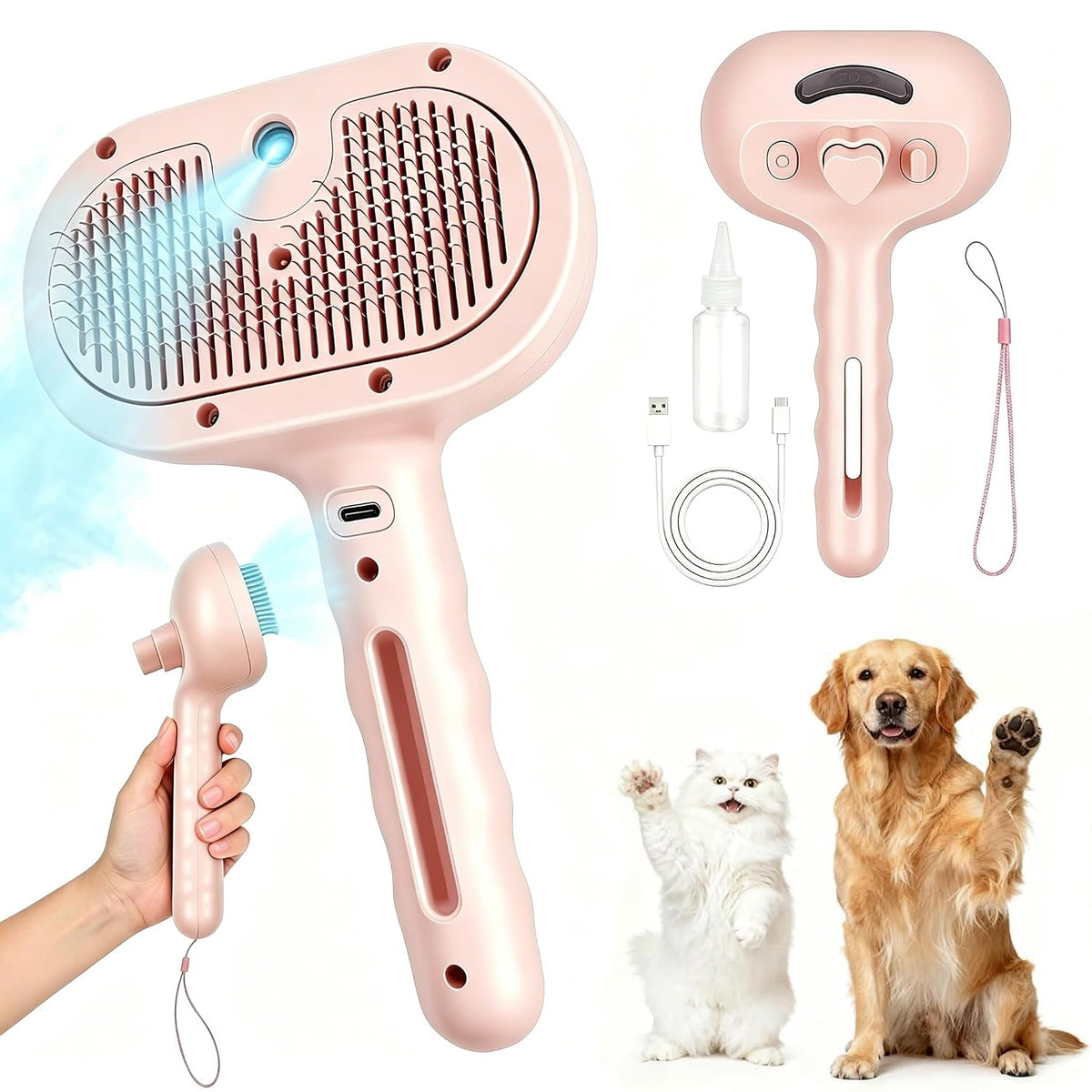 3 in 1 Dog Cat Steam Brush with Storage Rope for Shedding Massaging Grooming, Self Cleaning Pet Steam Brush for Long Short Hair, Reducing Flying Fur & Static - Pink
