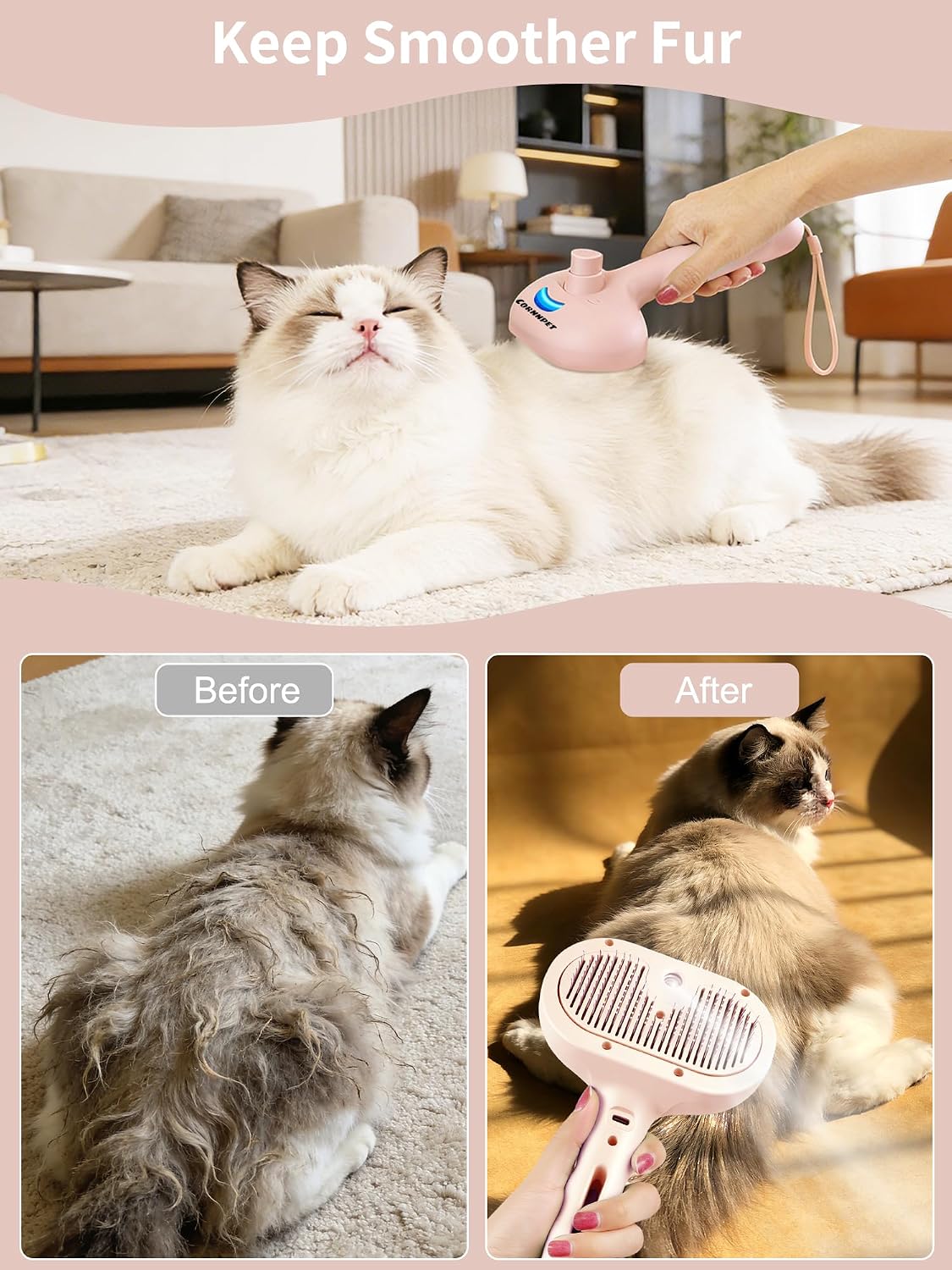 3 in 1 Dog Cat Steam Brush with Storage Rope for Shedding Massaging Grooming, Self Cleaning Pet Steam Brush for Long Short Hair, Reducing Flying Fur & Static - Pink