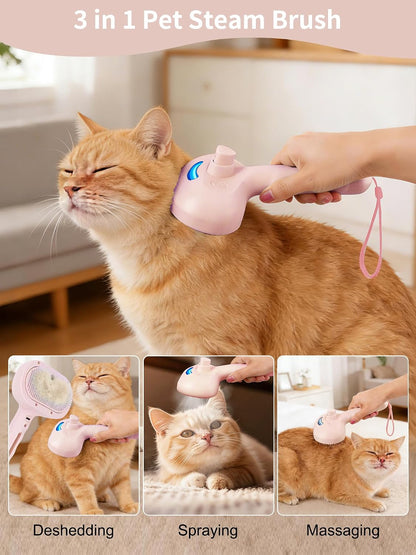 3 in 1 Dog Cat Steam Brush with Storage Rope for Shedding Massaging Grooming, Self Cleaning Pet Steam Brush for Long Short Hair, Reducing Flying Fur & Static - Pink