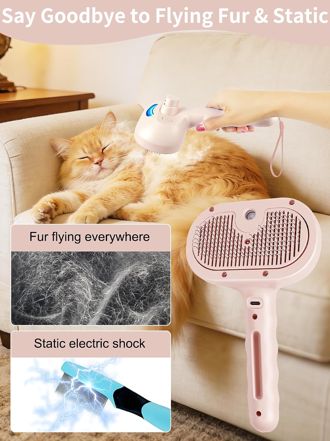 3 in 1 Dog Cat Steam Brush with Storage Rope for Shedding Massaging Grooming, Self Cleaning Pet Steam Brush for Long Short Hair, Reducing Flying Fur & Static - Pink