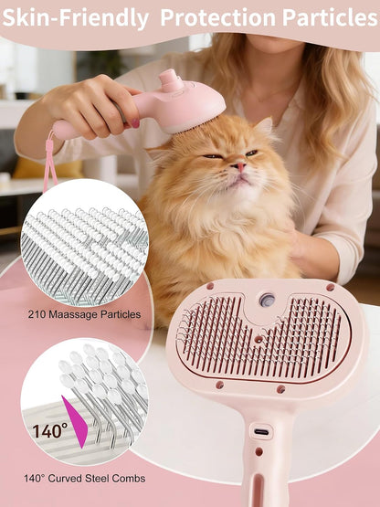 3 in 1 Dog Cat Steam Brush with Storage Rope for Shedding Massaging Grooming, Self Cleaning Pet Steam Brush for Long Short Hair, Reducing Flying Fur & Static - Pink