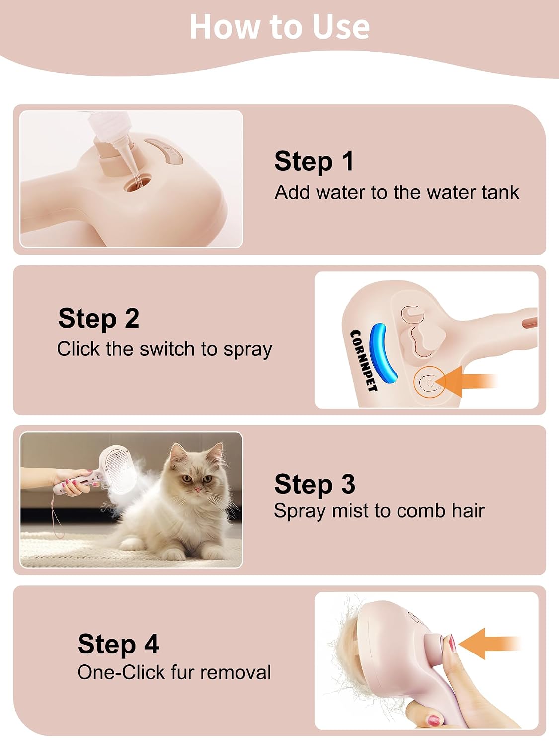3 in 1 Dog Cat Steam Brush with Storage Rope for Shedding Massaging Grooming, Self Cleaning Pet Steam Brush for Long Short Hair, Reducing Flying Fur & Static - Pink