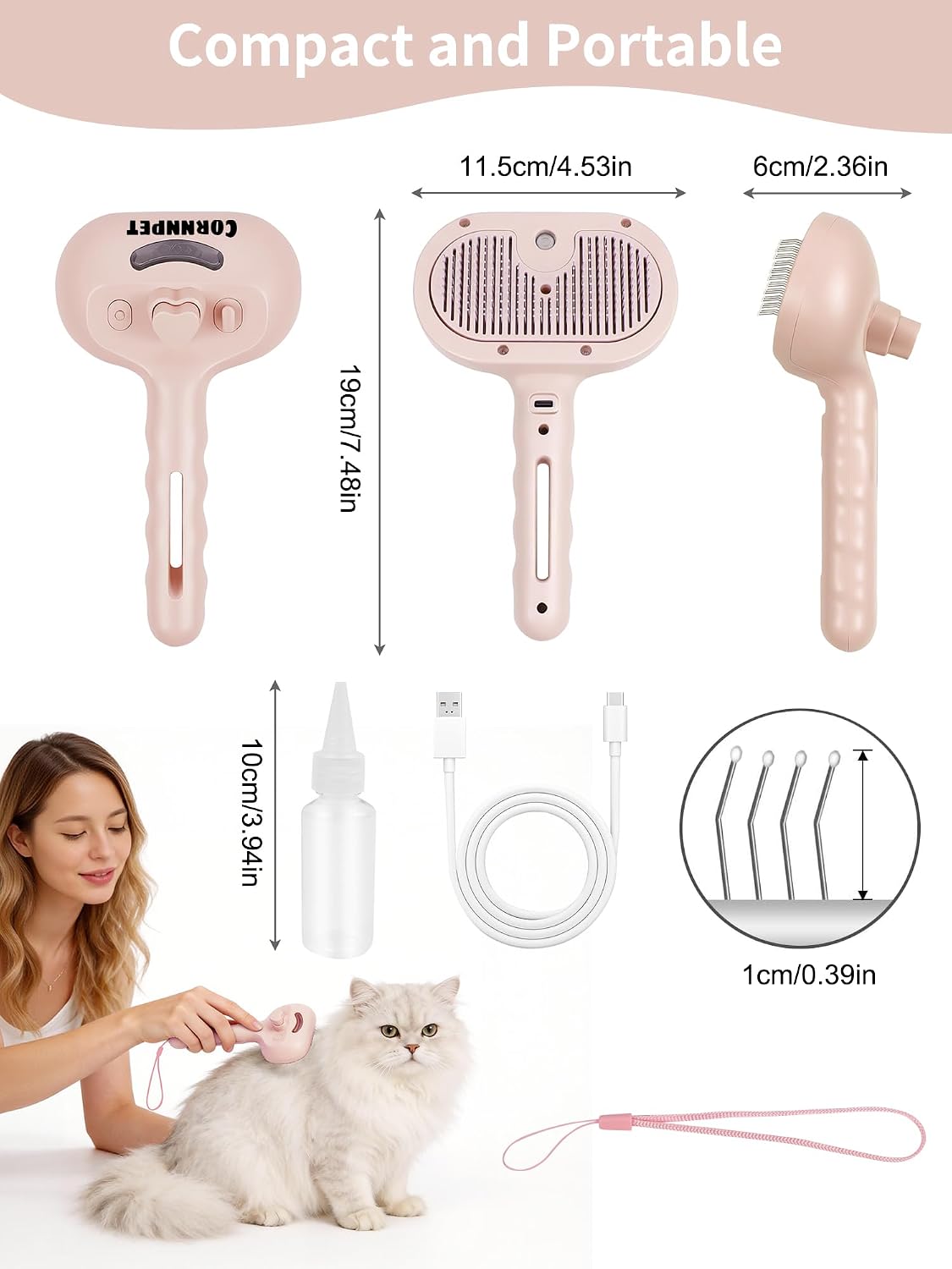 3 in 1 Dog Cat Steam Brush with Storage Rope for Shedding Massaging Grooming, Self Cleaning Pet Steam Brush for Long Short Hair, Reducing Flying Fur & Static - Pink