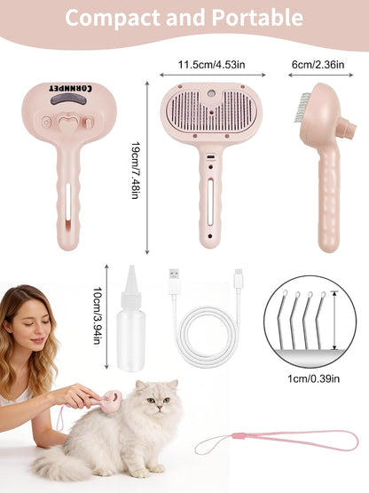 3 in 1 Dog Cat Steam Brush with Storage Rope for Shedding Massaging Grooming, Self Cleaning Pet Steam Brush for Long Short Hair, Reducing Flying Fur & Static - Pink