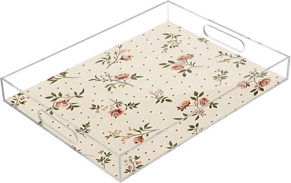 Retro Floral Pink Serving Tray 12" x 16" Acrylic Trays with Handles Decorative Serving Platter for Coffee, Breakfast in Bed, Dinner, Appetizers, Patio, Party