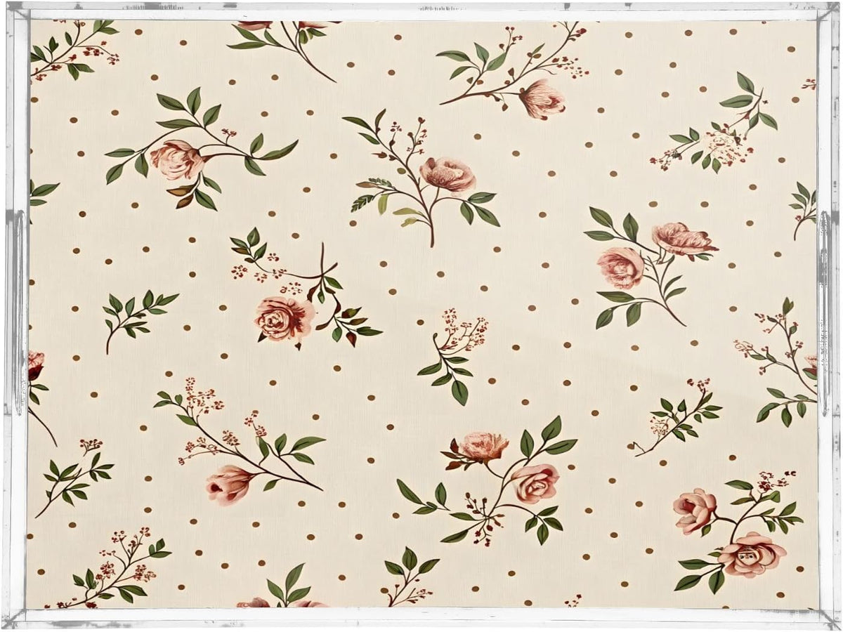 Retro Floral Pink Serving Tray 12" x 16" Acrylic Trays with Handles Decorative Serving Platter for Coffee, Breakfast in Bed, Dinner, Appetizers, Patio, Party