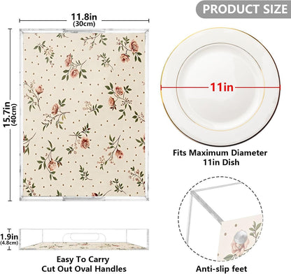 Retro Floral Pink Serving Tray 12" x 16" Acrylic Trays with Handles Decorative Serving Platter for Coffee, Breakfast in Bed, Dinner, Appetizers, Patio, Party