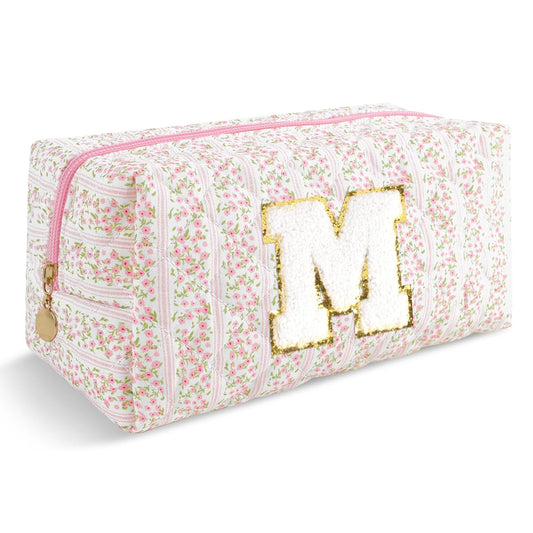 Personalized Quilted Cosmetic Bag, Puffy Monogrammed Christmas Birthday Gifts for Women & Girls, Cute initial Floral Makeup Bag Puffer Coquette Bag, Aesthetic Travel Toiletry Zipper Pouch(Pink,M)