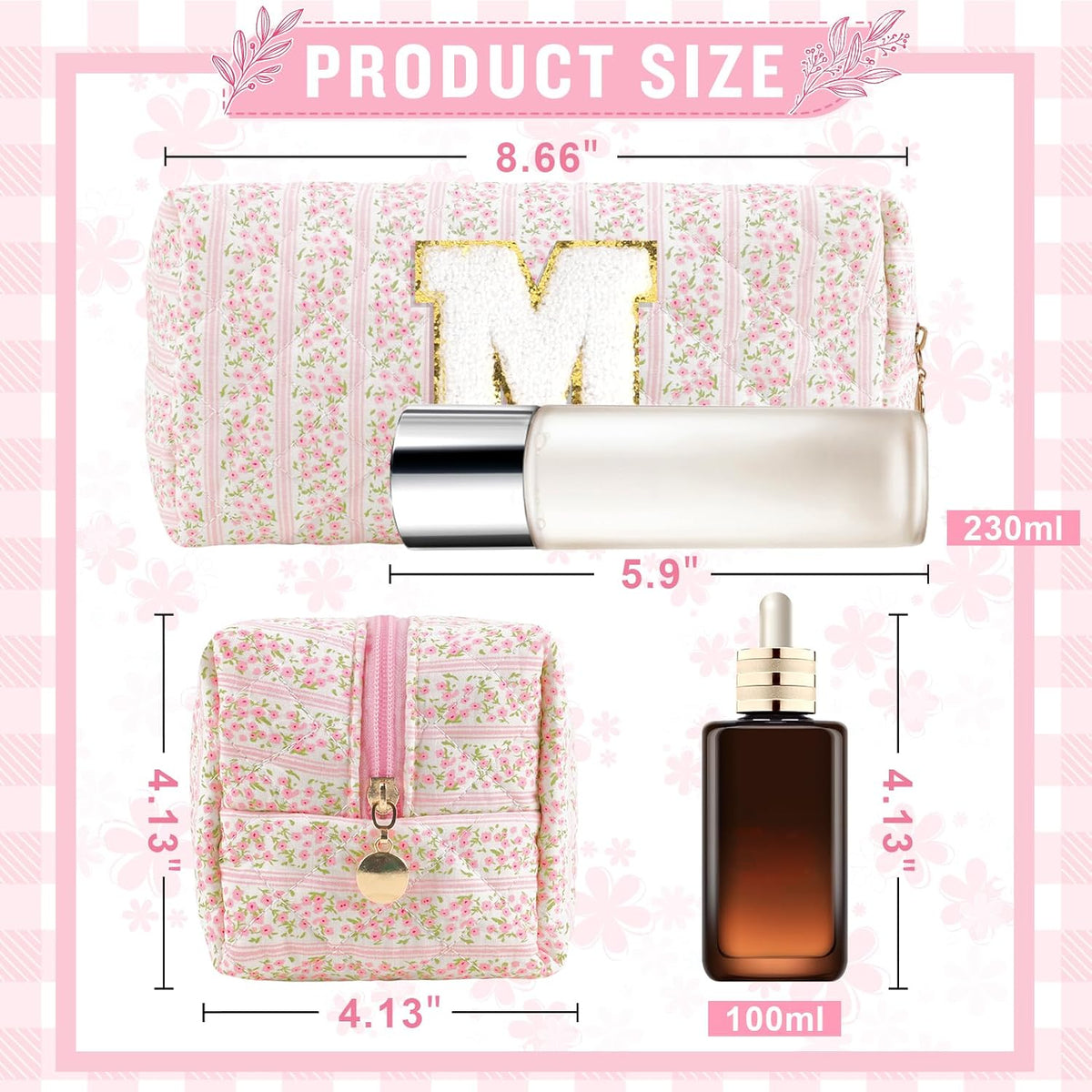 Personalized Quilted Cosmetic Bag, Puffy Monogrammed Christmas Birthday Gifts for Women & Girls, Cute initial Floral Makeup Bag Puffer Coquette Bag, Aesthetic Travel Toiletry Zipper Pouch(Pink,M)