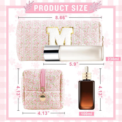Personalized Quilted Cosmetic Bag, Puffy Monogrammed Christmas Birthday Gifts for Women & Girls, Cute initial Floral Makeup Bag Puffer Coquette Bag, Aesthetic Travel Toiletry Zipper Pouch(Pink,M)