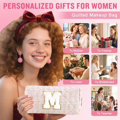 Personalized Quilted Cosmetic Bag, Puffy Monogrammed Christmas Birthday Gifts for Women & Girls, Cute initial Floral Makeup Bag Puffer Coquette Bag, Aesthetic Travel Toiletry Zipper Pouch(Pink,M)