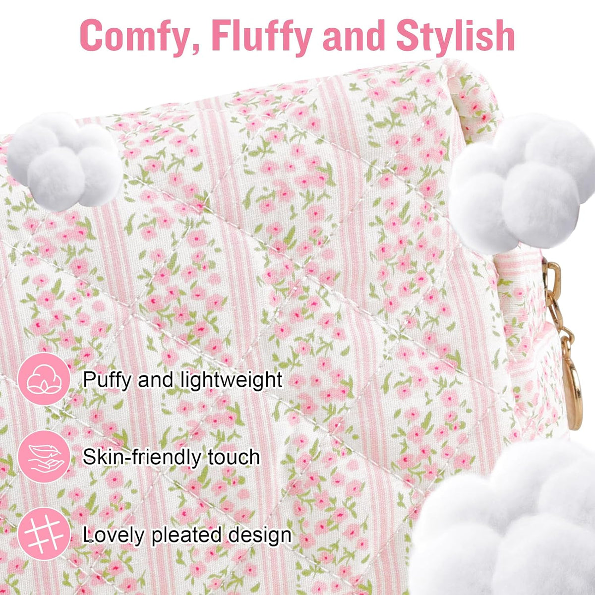Personalized Quilted Cosmetic Bag, Puffy Monogrammed Christmas Birthday Gifts for Women & Girls, Cute initial Floral Makeup Bag Puffer Coquette Bag, Aesthetic Travel Toiletry Zipper Pouch(Pink,M)