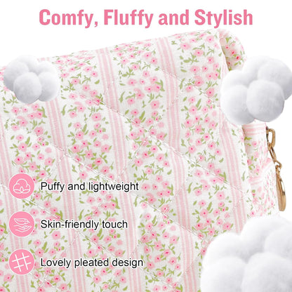 Personalized Quilted Cosmetic Bag, Puffy Monogrammed Christmas Birthday Gifts for Women & Girls, Cute initial Floral Makeup Bag Puffer Coquette Bag, Aesthetic Travel Toiletry Zipper Pouch(Pink,M)