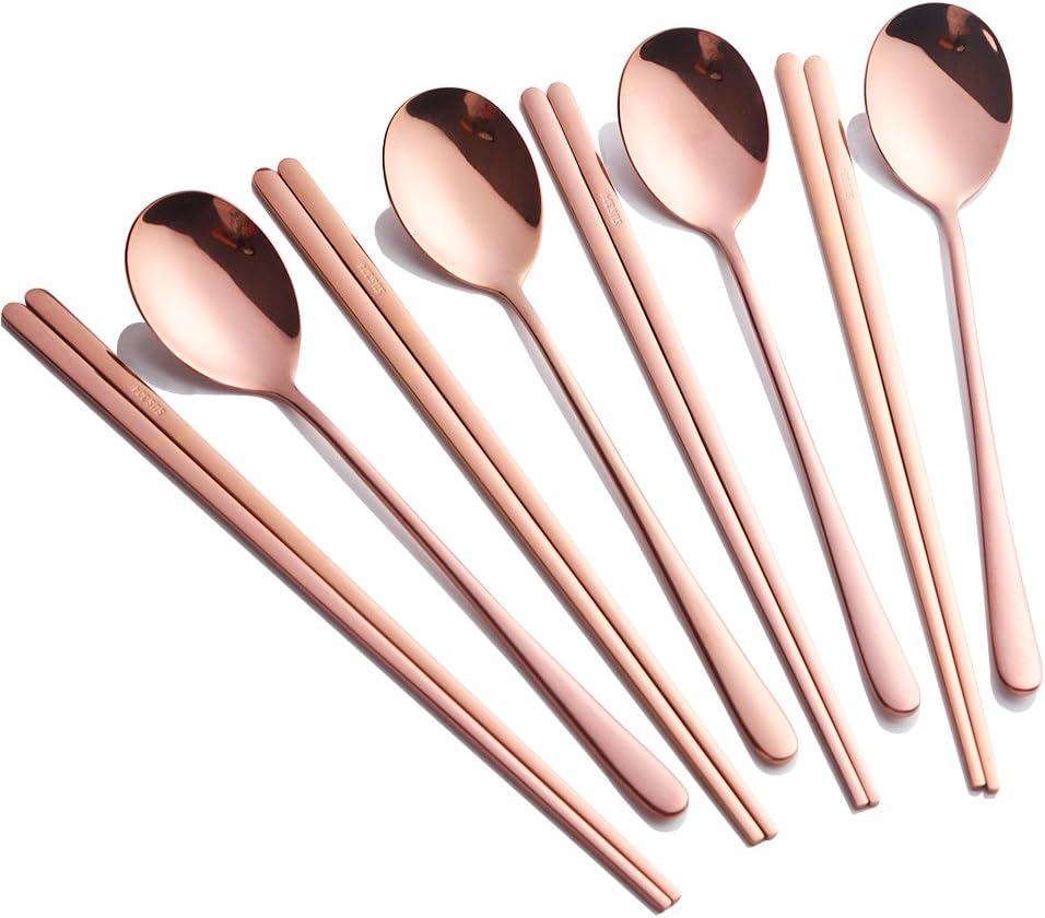 4 Set Spoon Chopsticks, Rose Gold Reusable Metal Stainless Steel Korean Chopstix Spoon Set