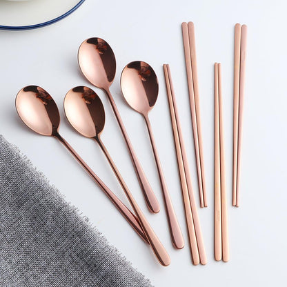 4 Set Spoon Chopsticks, Rose Gold Reusable Metal Stainless Steel Korean Chopstix Spoon Set
