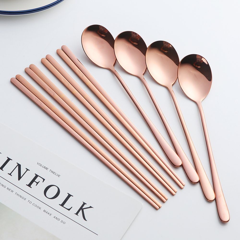 4 Set Spoon Chopsticks, Rose Gold Reusable Metal Stainless Steel Korean Chopstix Spoon Set