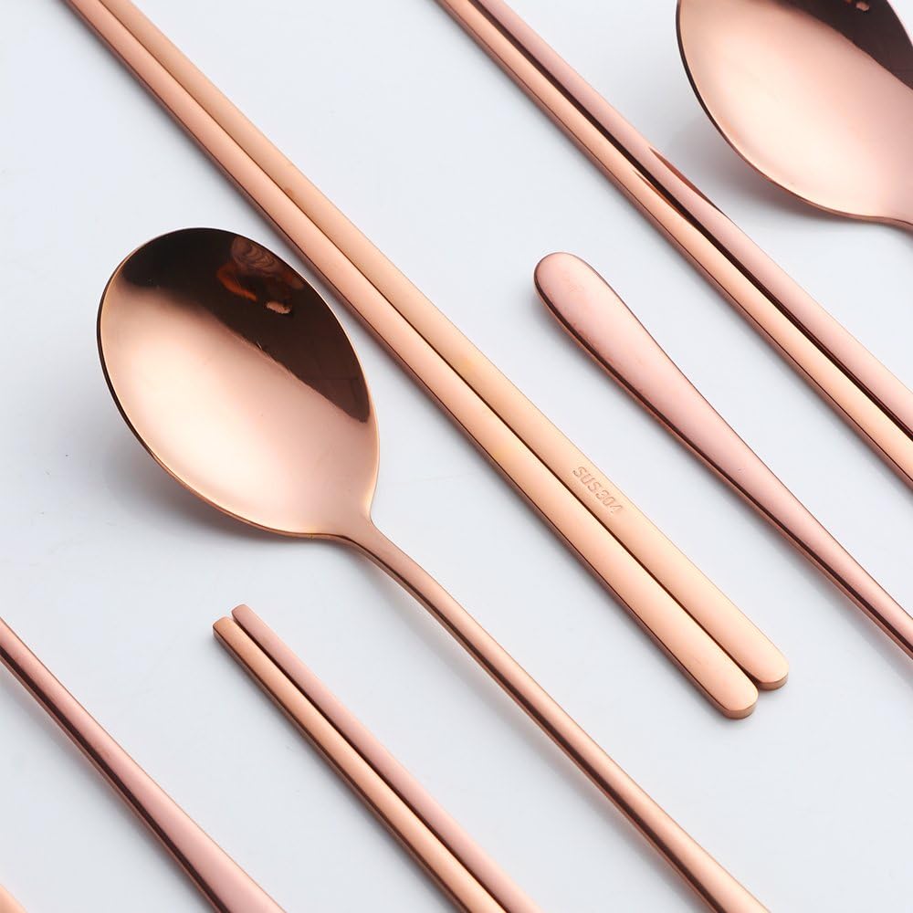 4 Set Spoon Chopsticks, Rose Gold Reusable Metal Stainless Steel Korean Chopstix Spoon Set