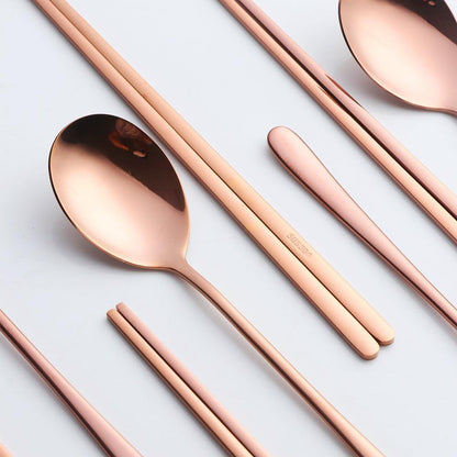 4 Set Spoon Chopsticks, Rose Gold Reusable Metal Stainless Steel Korean Chopstix Spoon Set