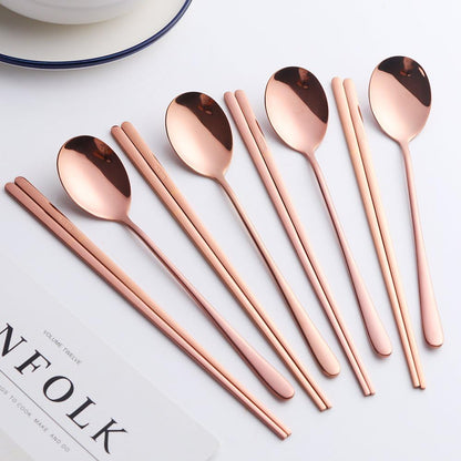 4 Set Spoon Chopsticks, Rose Gold Reusable Metal Stainless Steel Korean Chopstix Spoon Set