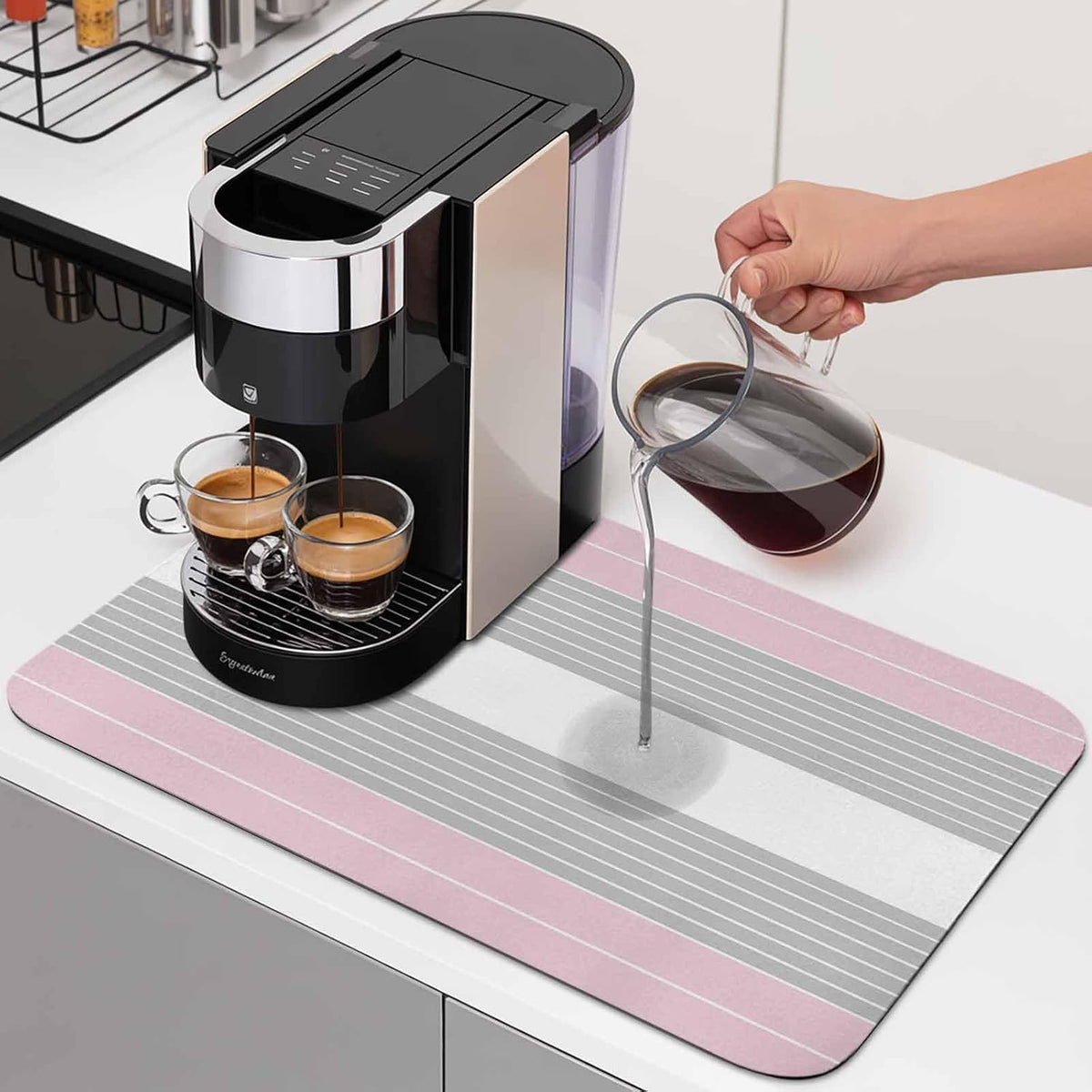 Pink Grey Stripe Dish Drying Mat for Kitchen Counter, Absorbent Quick Dry Coffee Bar Mat Pad Thin Diatomaceous Sink Mats, Modern Art Horizontal Striped Non Slip Dish Drainer Mats 16''x18''