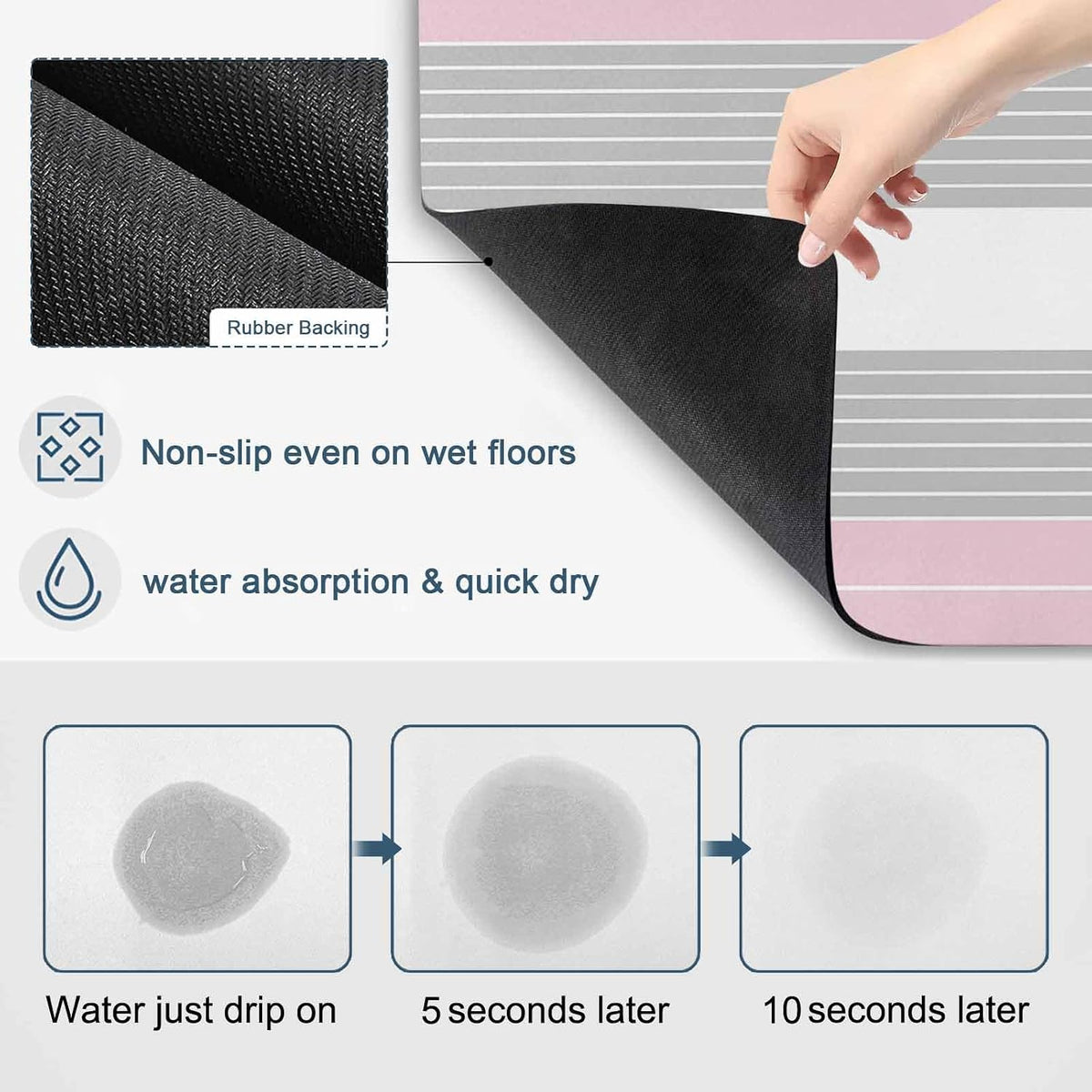 Pink Grey Stripe Dish Drying Mat for Kitchen Counter, Absorbent Quick Dry Coffee Bar Mat Pad Thin Diatomaceous Sink Mats, Modern Art Horizontal Striped Non Slip Dish Drainer Mats 16''x18''