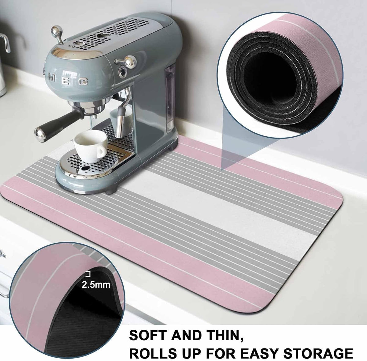 Pink Grey Stripe Dish Drying Mat for Kitchen Counter, Absorbent Quick Dry Coffee Bar Mat Pad Thin Diatomaceous Sink Mats, Modern Art Horizontal Striped Non Slip Dish Drainer Mats 16''x18''
