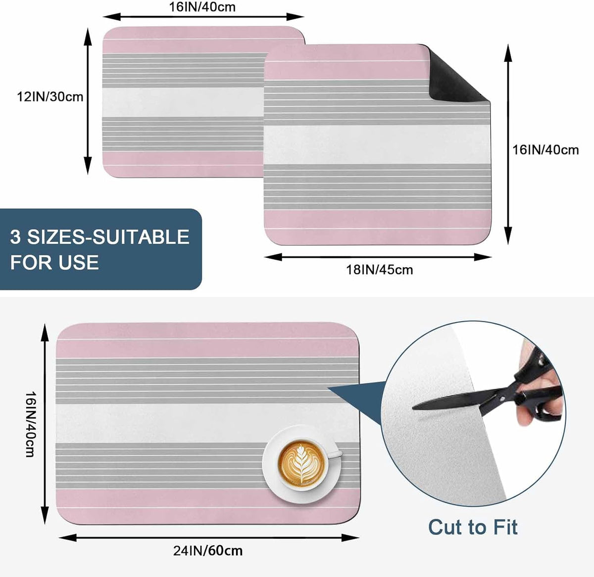 Pink Grey Stripe Dish Drying Mat for Kitchen Counter, Absorbent Quick Dry Coffee Bar Mat Pad Thin Diatomaceous Sink Mats, Modern Art Horizontal Striped Non Slip Dish Drainer Mats 16''x18''