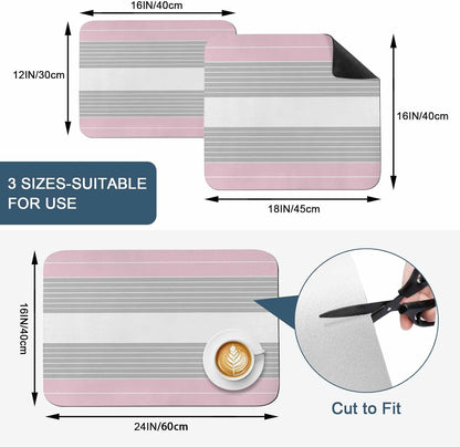 Pink Grey Stripe Dish Drying Mat for Kitchen Counter, Absorbent Quick Dry Coffee Bar Mat Pad Thin Diatomaceous Sink Mats, Modern Art Horizontal Striped Non Slip Dish Drainer Mats 16''x18''