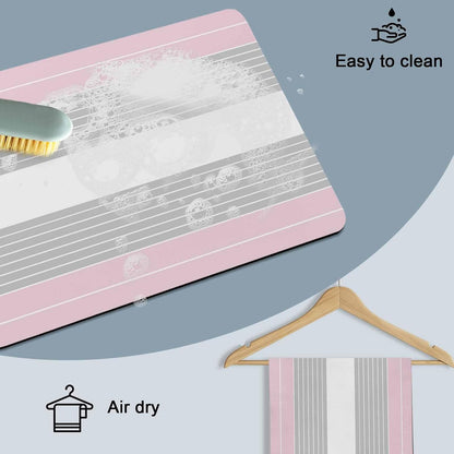 Pink Grey Stripe Dish Drying Mat for Kitchen Counter, Absorbent Quick Dry Coffee Bar Mat Pad Thin Diatomaceous Sink Mats, Modern Art Horizontal Striped Non Slip Dish Drainer Mats 16''x18''