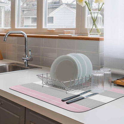 Pink Grey Stripe Dish Drying Mat for Kitchen Counter, Absorbent Quick Dry Coffee Bar Mat Pad Thin Diatomaceous Sink Mats, Modern Art Horizontal Striped Non Slip Dish Drainer Mats 16''x18''