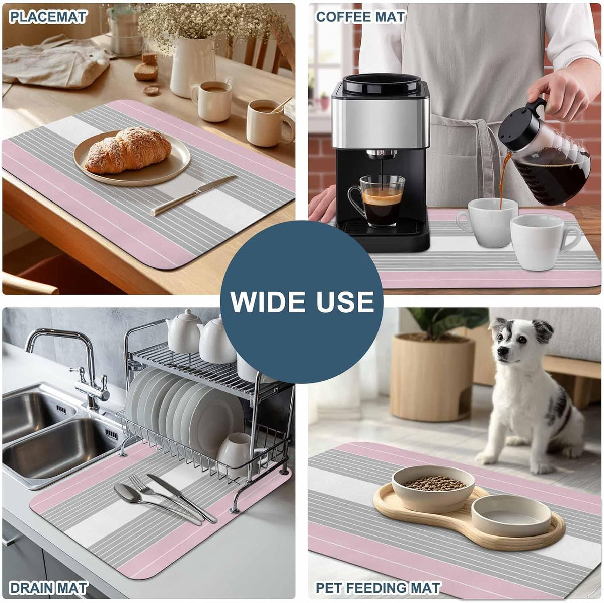 Pink Grey Stripe Dish Drying Mat for Kitchen Counter, Absorbent Quick Dry Coffee Bar Mat Pad Thin Diatomaceous Sink Mats, Modern Art Horizontal Striped Non Slip Dish Drainer Mats 16''x18''