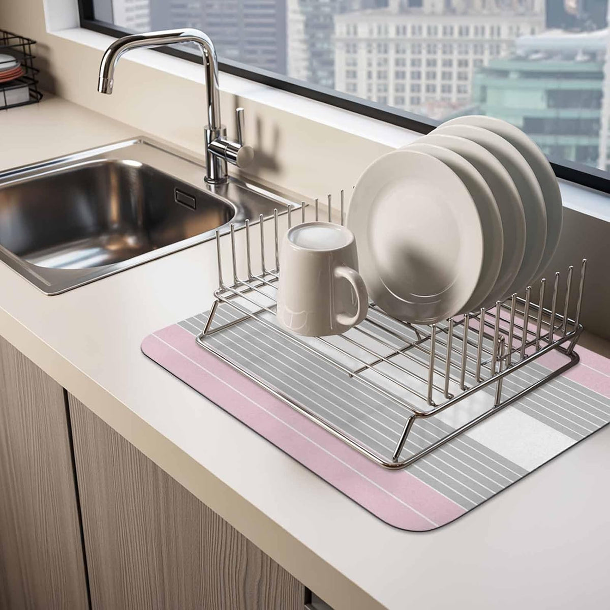 Pink Grey Stripe Dish Drying Mat for Kitchen Counter, Absorbent Quick Dry Coffee Bar Mat Pad Thin Diatomaceous Sink Mats, Modern Art Horizontal Striped Non Slip Dish Drainer Mats 16''x18''
