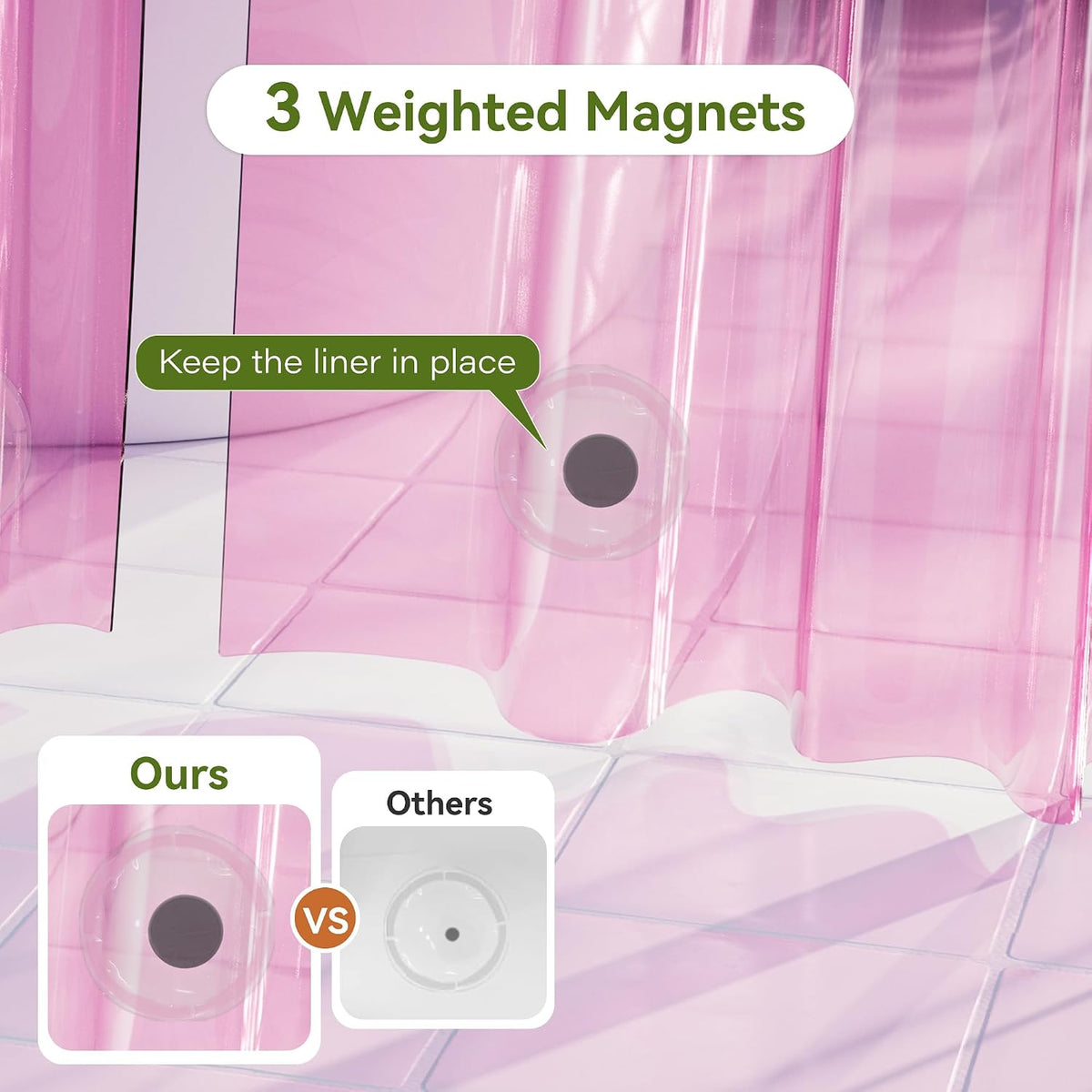 Pink Shower Curtain Liner 72x72, 2 Pack Lightweight Waterproof PEVA Plastic Transparent Shower Curtain for Bathroom with 3 Strong Magnets and 12 Rustproof Grommets