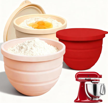 Silicone Bowl Insert for Kitchen Aid 5 Qt Tilt-Head - Patented Design Bowl Liner, 3pack with Lids, Resistant to collapse Thicker Bowl Insert, Foldable, Heat/Cold Resistant (Red/Beige/Pink)
