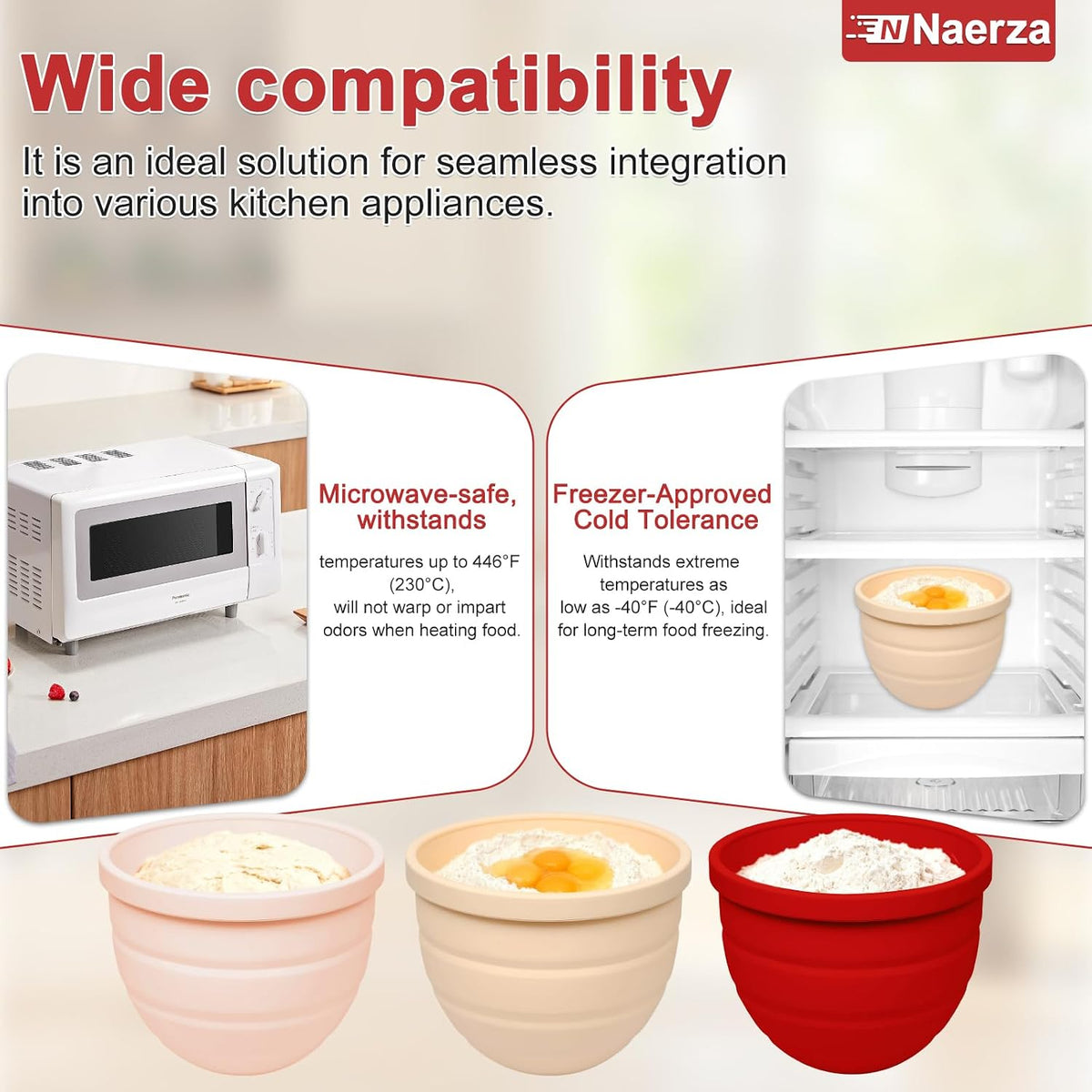 Silicone Bowl Insert for Kitchen Aid 5 Qt Tilt-Head - Patented Design Bowl Liner, 3pack with Lids, Resistant to collapse Thicker Bowl Insert, Foldable, Heat/Cold Resistant (Red/Beige/Pink)