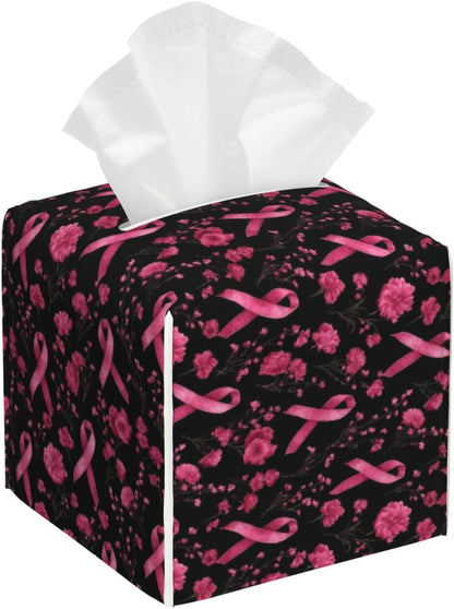 Pink Ribbon Flowers B Print Tissue Box Cover Holder Square, Foldable Modern Cube Tissue Box Cover, Leather Decorative Organizer for Tabletop Bathroom Car Office Desk Decor