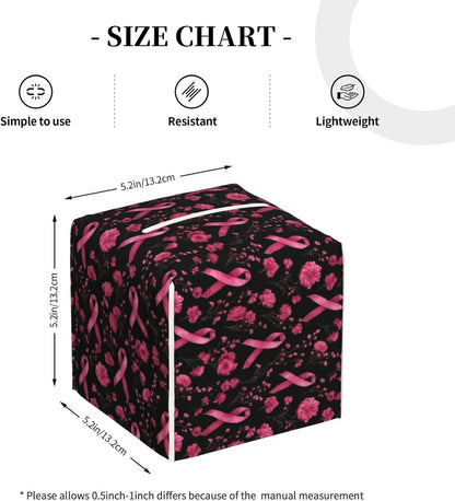 Pink Ribbon Flowers B Print Tissue Box Cover Holder Square, Foldable Modern Cube Tissue Box Cover, Leather Decorative Organizer for Tabletop Bathroom Car Office Desk Decor