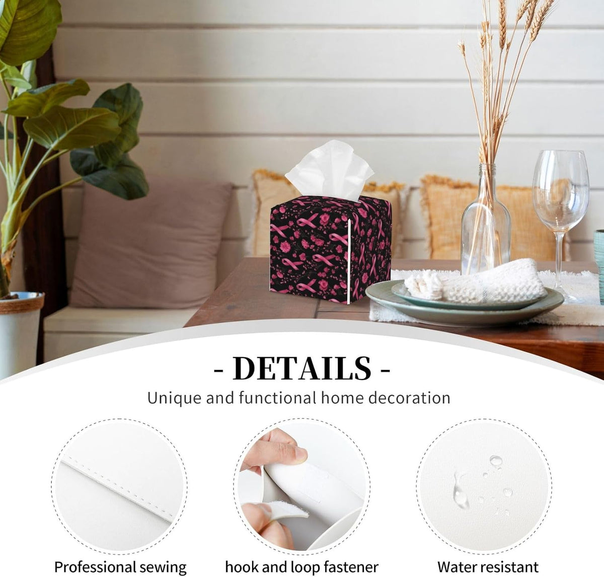Pink Ribbon Flowers B Print Tissue Box Cover Holder Square, Foldable Modern Cube Tissue Box Cover, Leather Decorative Organizer for Tabletop Bathroom Car Office Desk Decor