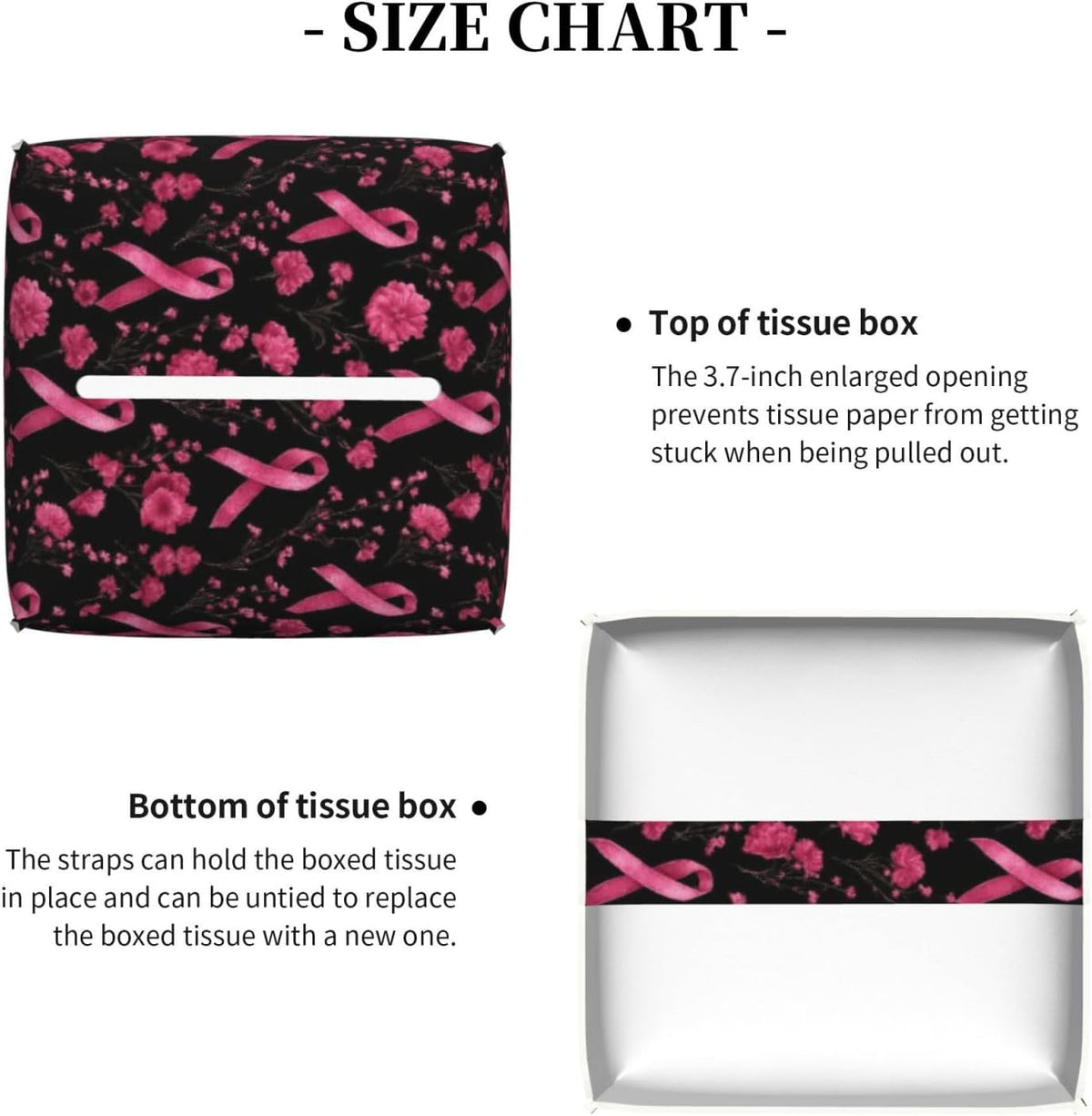 Pink Ribbon Flowers B Print Tissue Box Cover Holder Square, Foldable Modern Cube Tissue Box Cover, Leather Decorative Organizer for Tabletop Bathroom Car Office Desk Decor