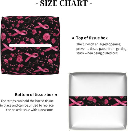 Pink Ribbon Flowers B Print Tissue Box Cover Holder Square, Foldable Modern Cube Tissue Box Cover, Leather Decorative Organizer for Tabletop Bathroom Car Office Desk Decor