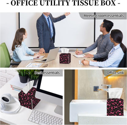 Pink Ribbon Flowers B Print Tissue Box Cover Holder Square, Foldable Modern Cube Tissue Box Cover, Leather Decorative Organizer for Tabletop Bathroom Car Office Desk Decor