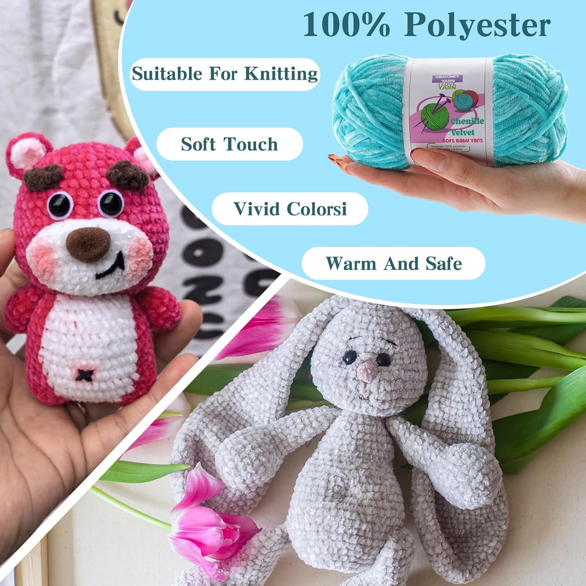 Velvet Chenille Yarn for Crocheting, Pink Baby Blanket Yarn for Crochet