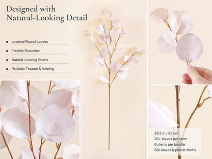 Blush Pink Eucalyptus Artificial Silk Leaves Realistic Looking for Centerpieces Fillers Bouquets Six Stems