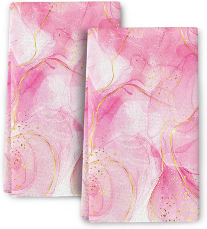 Pink Marble Kitchen Dish Towels and Dishcloths Sets of 2 Tea Towel