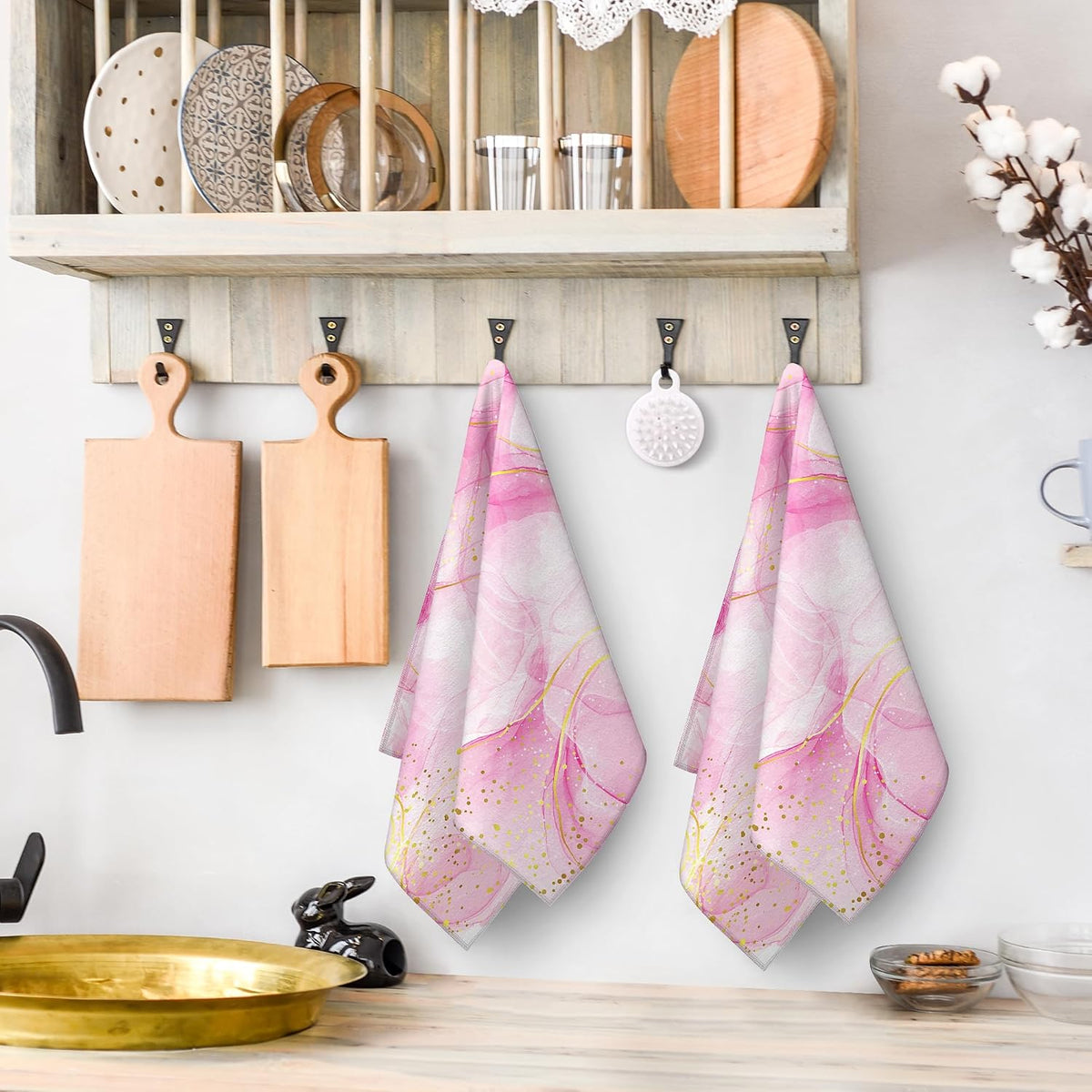 Pink Marble Kitchen Dish Towels and Dishcloths Sets of 2 Tea Towel