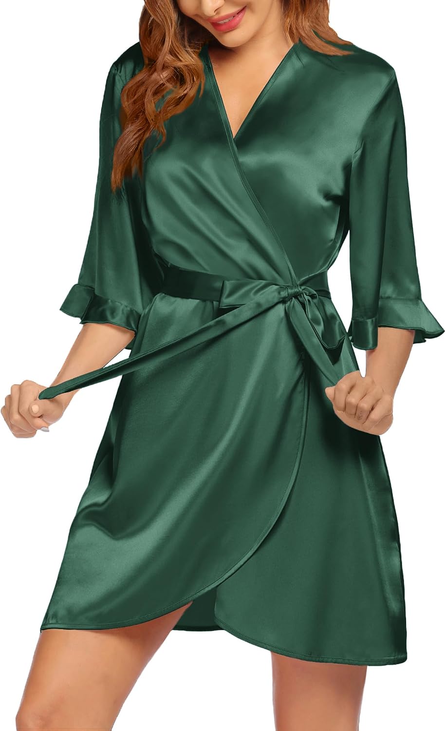 Women's Satin Robe Kimono Bathrobe Short Ruffle Sleeve Silk Robes