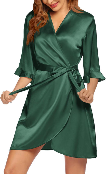 Women's Satin Robe Kimono Bathrobe Short Ruffle Sleeve Silk Robes