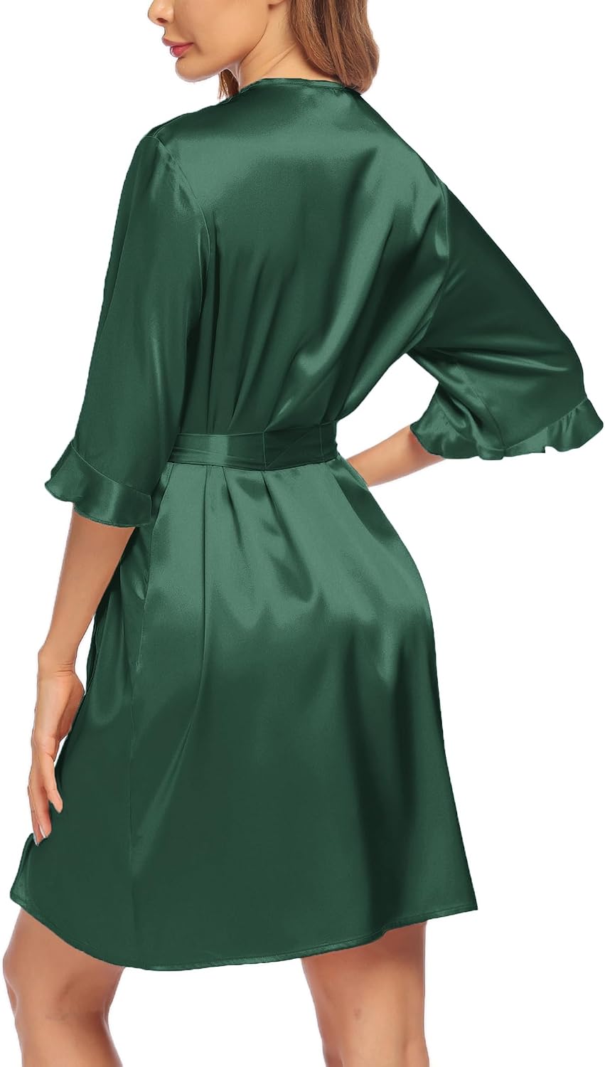 Women's Satin Robe Kimono Bathrobe Short Ruffle Sleeve Silk Robes