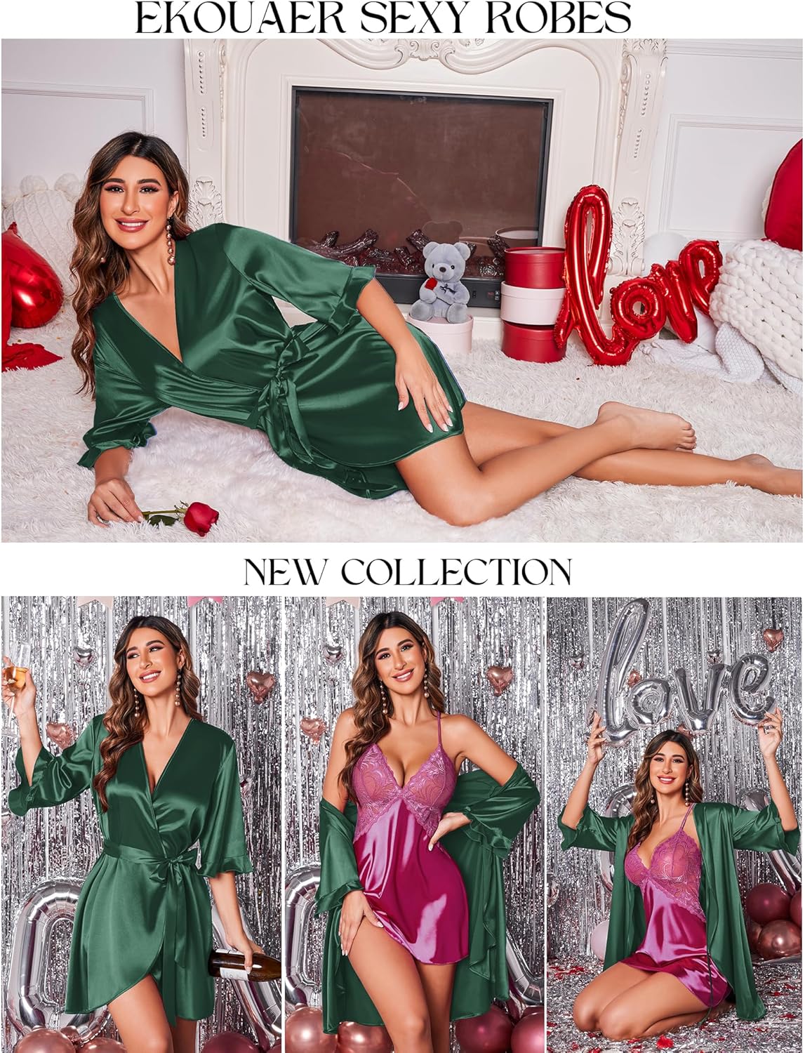Women's Satin Robe Kimono Bathrobe Short Ruffle Sleeve Silk Robes
